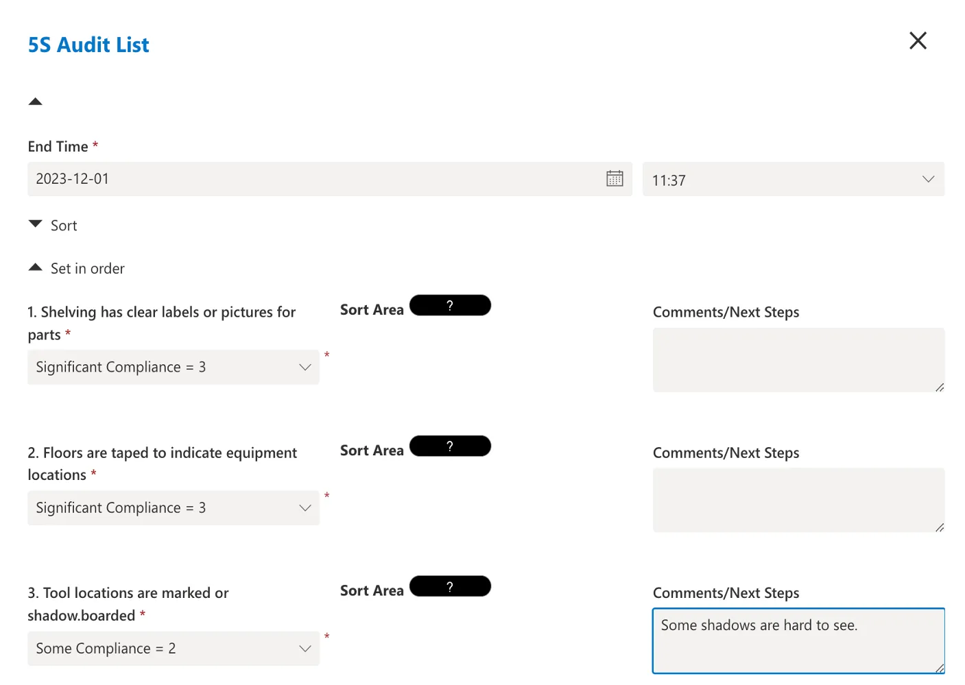 5S Audit list in the Cyzag platform