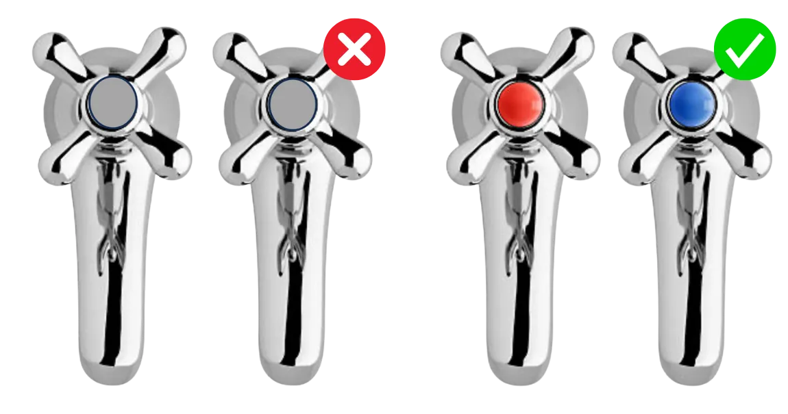 Comparison of hot and cold faucet visuals: with visual indicators (red and blue) vs. without any markings