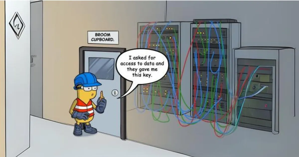 Data Democratisation Cartoon: The worker standing at Broom Cupboard room asks himself: "I asked for access to data and they gave me this key"