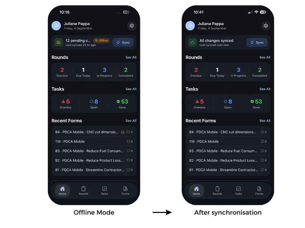 Cyzag Fields app before and after synchronisation.