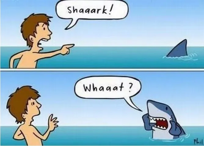 A man screams: Shaaaark!
The shark screams: Whaaat?