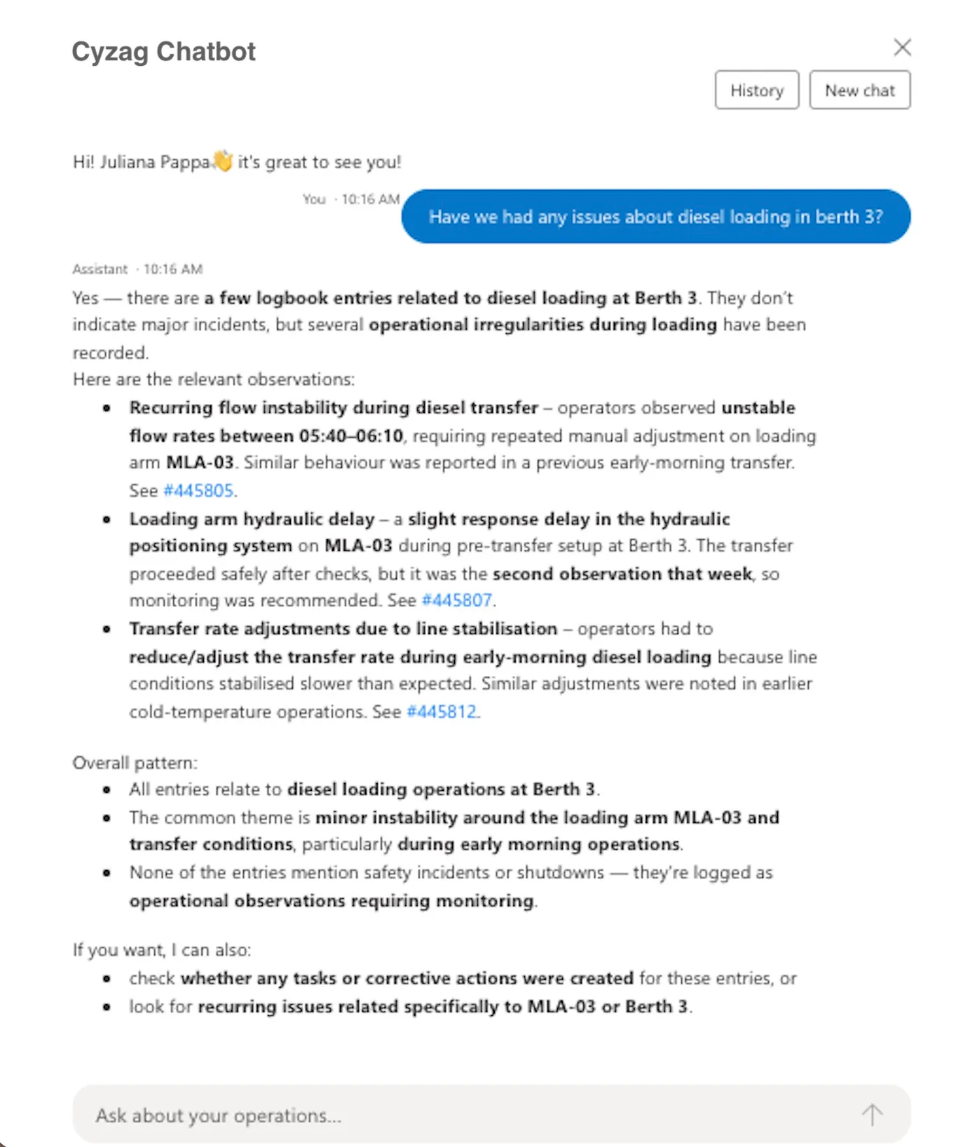 Cyzag AI chatbot answering a natural language query about recent berth observations in a liquid terminal, with linked round findings, open deviations, and operational history surfaced instantly to support the pre-arrival exchange required under ISGOTT 6.