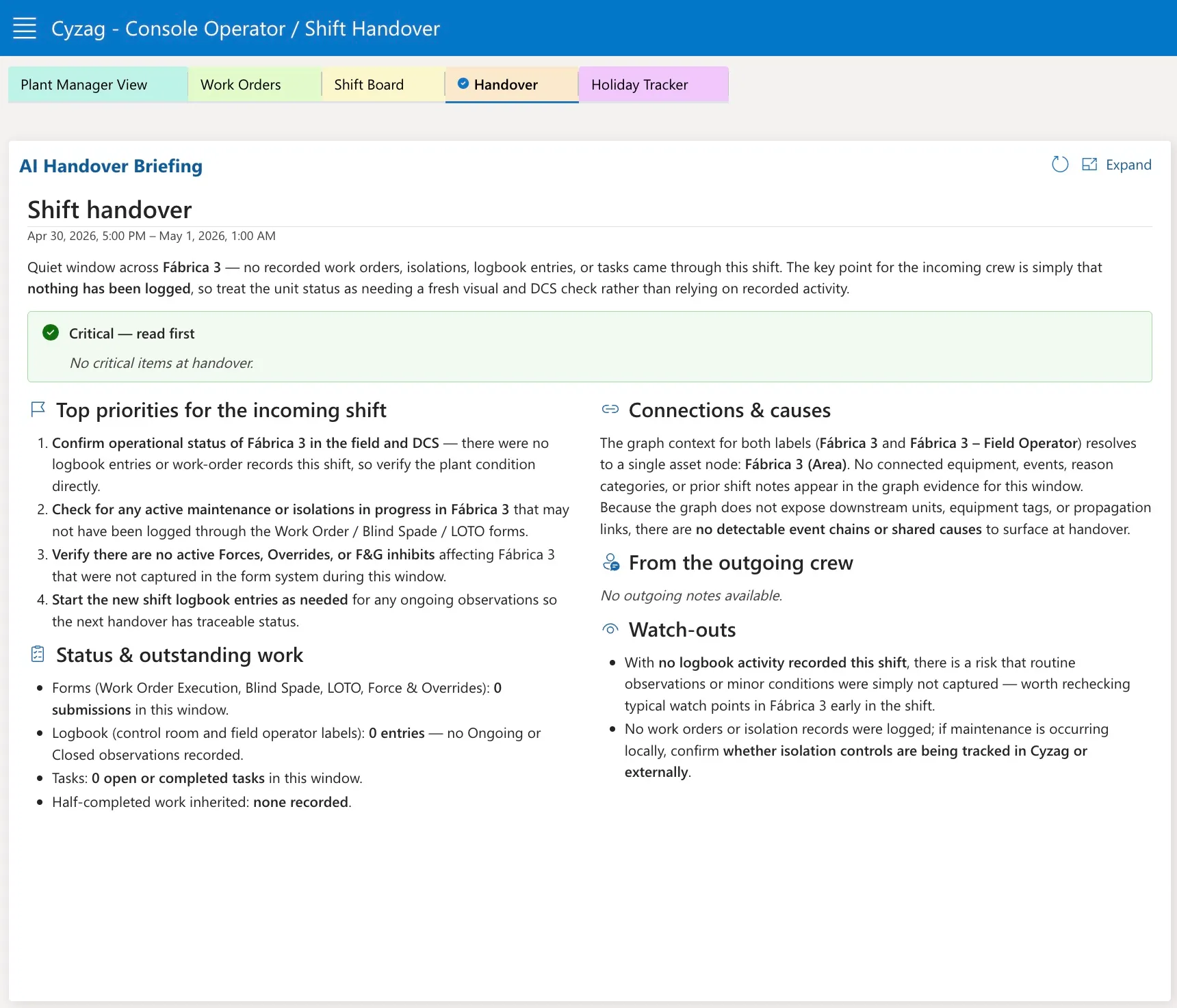 Cyzag platform showing an AI-assembled shift handover briefing for liquid terminal operations, with round findings, active deviations, and asset history automatically organised to support ISGOTT 6 compliance at shift change.