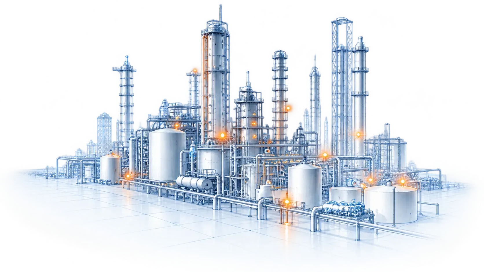 Line illustration of a process plant: storage tanks, distillation columns, exchangers and a pipe rack.