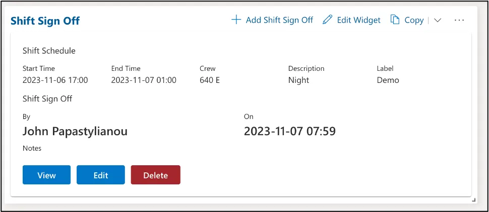 Example of a shift sign-off on the Cyzag platform